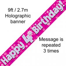 Pink Holographic Happy 4th Birthday Banner 2.7m P1