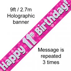 Pink Holographic Happy 11th Birthday Banner 2.7m P1