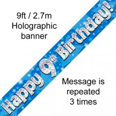 Blue Holographic Happy 9th Birthday Banner 2.7m P1