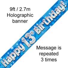 Blue Holographic Happy 13th Birthday Banner 2.7m P1