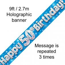 Blue Holographic Happy 50th Birthday Banner 2.7m P1