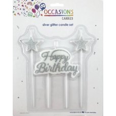 Happy Birthday Candle Plaque +Stars Glitter Silver 1 Set