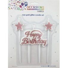 Happy Birthday Candle Plaque+Stars Gliter Rosegold 1 Set