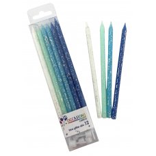 Blues Glitter Slim Candles 120mm with Holders Box12