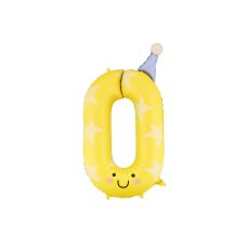 Foil balloon Number ''0'' 86cm Yellow with party hat & smile 1 pkt