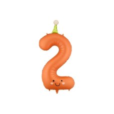 Foil balloon Number ''2'' 86cm Orange with party hat & smile 1 pkt
