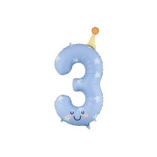 Foil balloon Number ''3'' 86cm Light Blue with party hat & smile 1 pkt