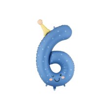 Foil balloon Number ''6'' 86cm Blue with party hat & smile 1 pkt