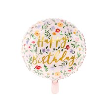 Party Deco Foil Balloon Matte Round Cursive Happy Birthday Floral Pink 1pkt 35CM