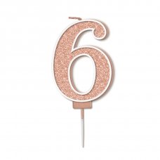 Candle 7.5cm Sparkling Fizz Numeral #6 Rose Gold Pack 1