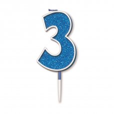 Candle 7.5cm Glitter Numeral #3 Blue Pack 1
