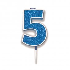 Candle 7.5cm Glitter Numeral #5 Blue Pack 1