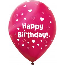 Balloons 11inch Chrome FUCHSIA Hearts Happy Bday Pack 6