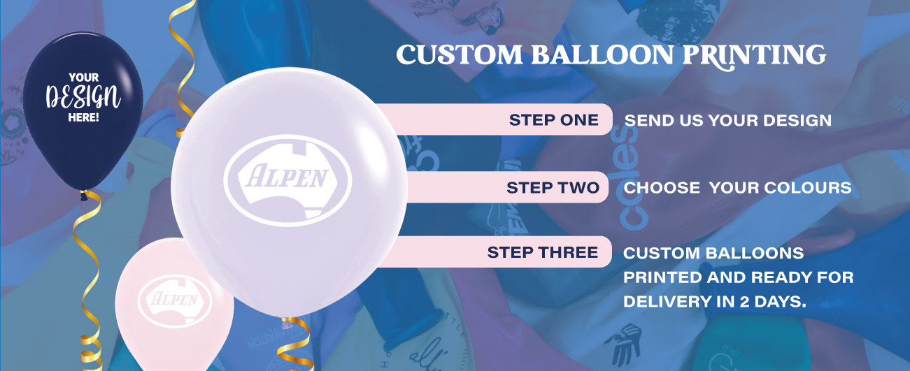 Custom balloon printing in three steps: send us your design, choose your colours, and get custom balloons printed and ready for delivery in 2 days.