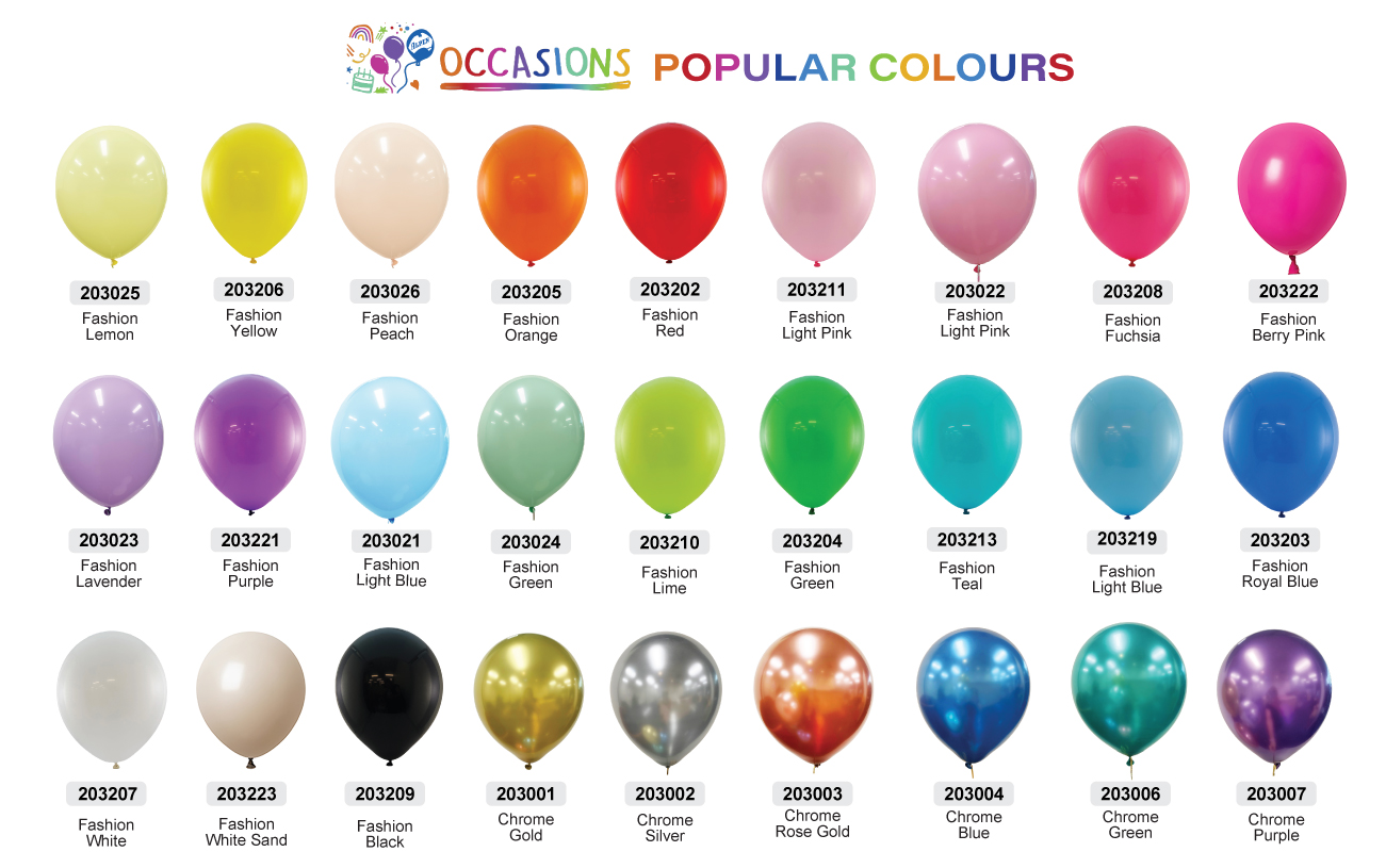 Occasions popular balloon colours with colour codes