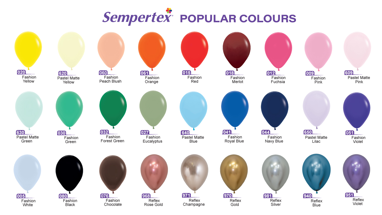 Sempertex popular balloon colours with colour codes